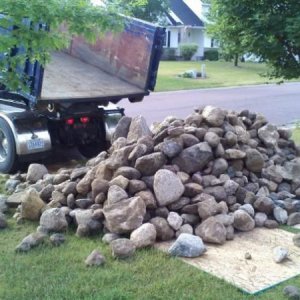 Originally I thought I could avoid the typical rock-lined pond look, but soon realized it was just going to be impossible to maintain the pond edge without them. I found a place that delivered a cheap rip-rap mix, but had to do a lot of sorting.