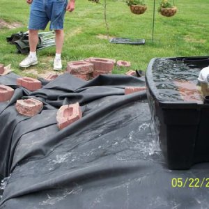 Water overfloring DIY filterfor first time - ended up putting 4x4's under filter tub, to tilt it so water could run through all filter media, back into pond, once pond was full.