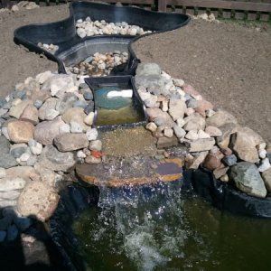 Waterfall as it is now from the top.  Back pond will remain emty until I get the big pond right. One at a time.  But I plan to put a fountain in the center of that with lots of plants.  No fish in this one.