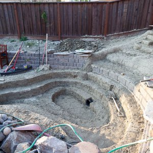 Pond and waterfall digging/design completed.  Underlayment is next.