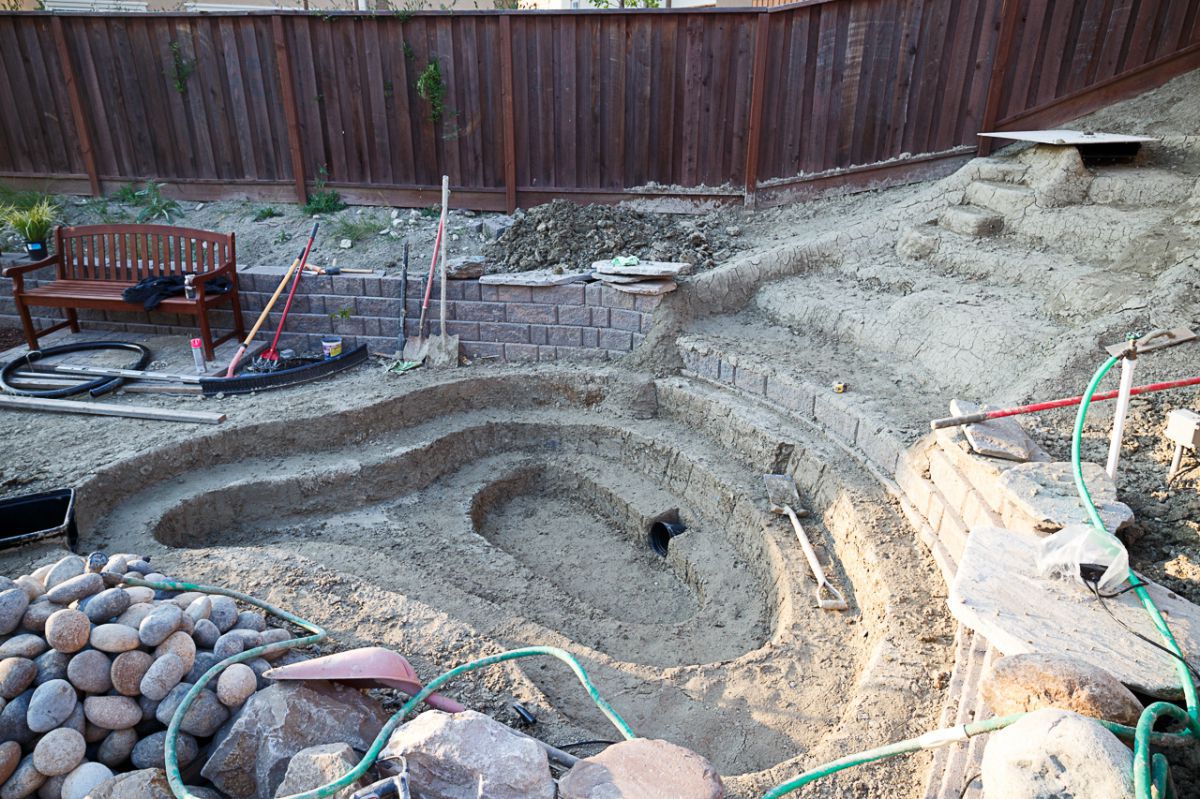 Pond and waterfall digging/design completed.  Underlayment is next.