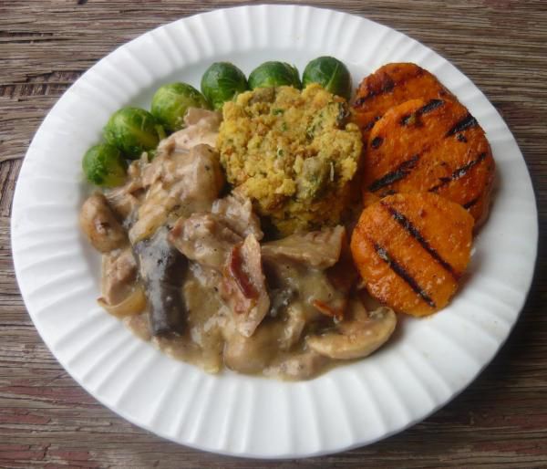 The week before Thanksgiving, we served a deep fried turkey with cornbread dressing, grilled sweet potatoes, and steamed brussel sprouts.